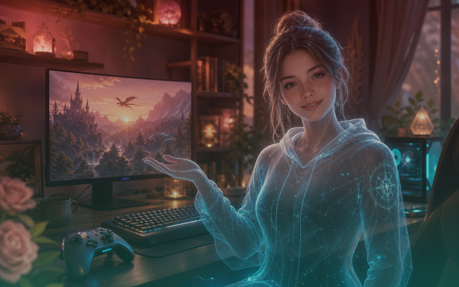 KI-Begleiter fuer Erwachsene in einem warm beleuchteten Gaming-Zimmer