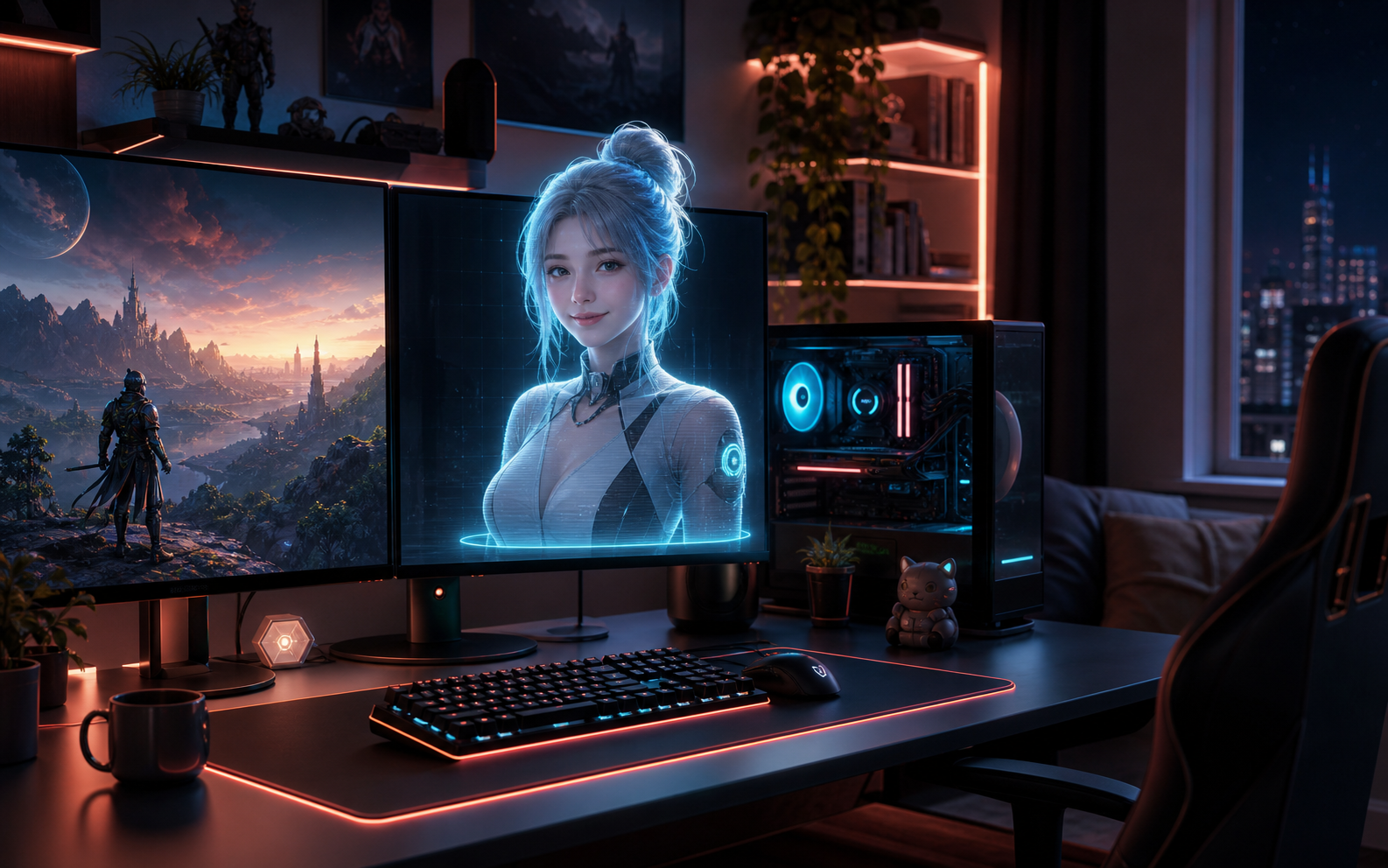 Holografischer KI-Companion an einem Gaming-Schreibtisch