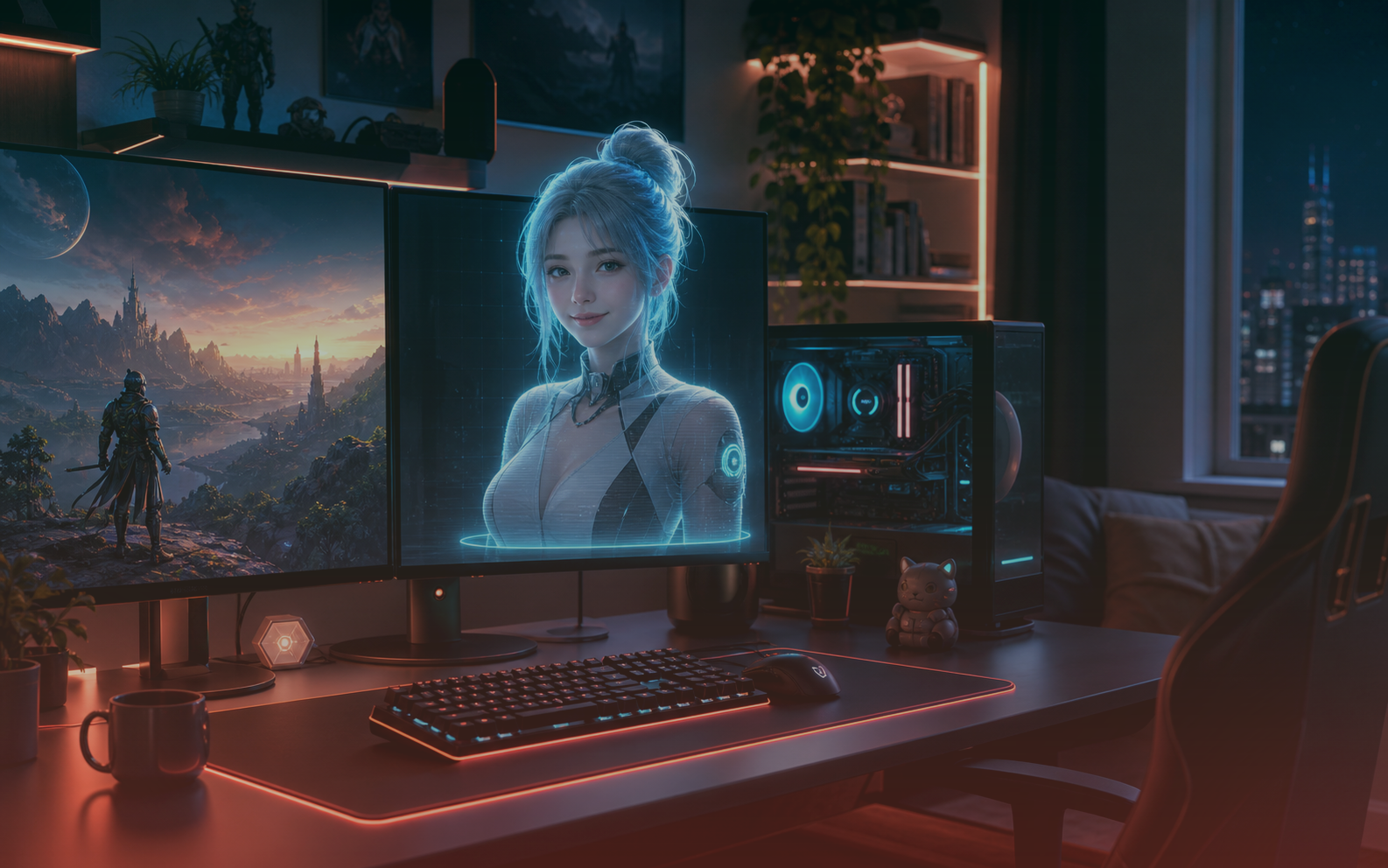 Holografischer KI-Companion an einem Gaming-Schreibtisch