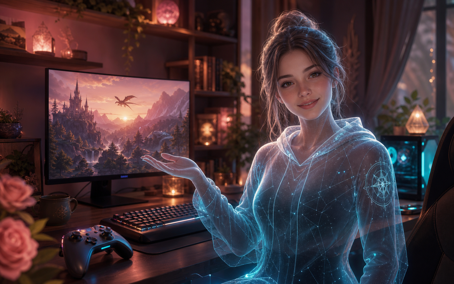 Virtueller KI-Companion in einem warm beleuchteten Gaming-Zimmer