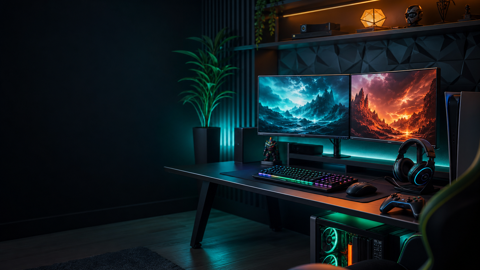 Moderner Gaming-Schreibtisch mit Monitoren, RGB-Tastatur und Headset